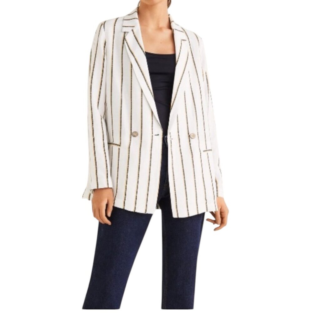 MNG Mango White Striped Linen Blend Double Breasted Blazer